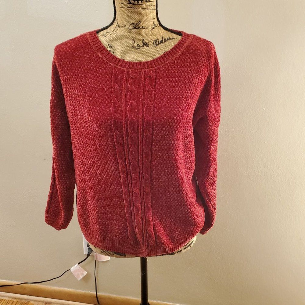 Pink Rose Red Chenille Cable Knit Sweater Velvet Feel Crew Neck Pullover S
